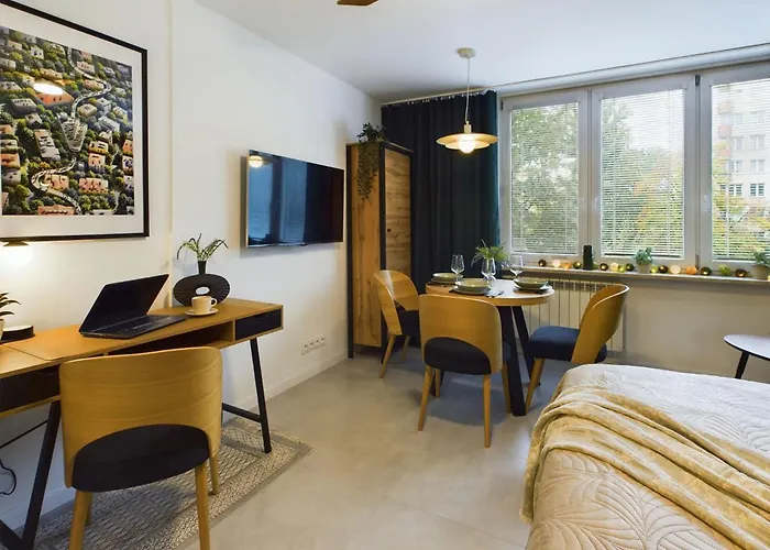Atmospheric Studio For 3 People In Warsaw With Desk For Remote Work By Noclegi Renters